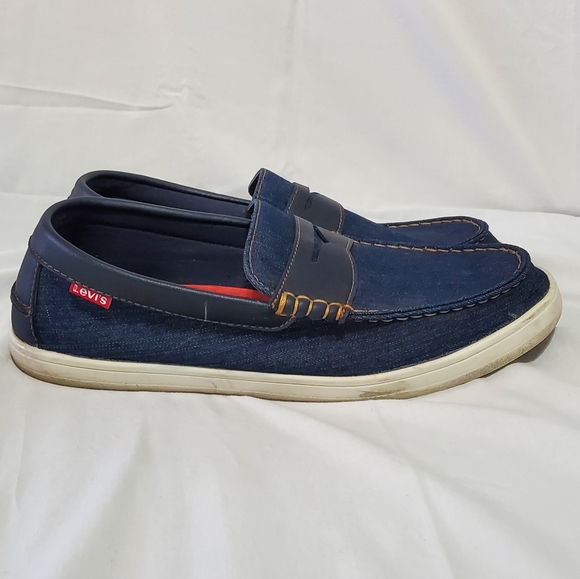 LEVI'S men's comfort Penny loafer slip on shoes SIZE 12 denim blue leather tan - Picture 2 of 12